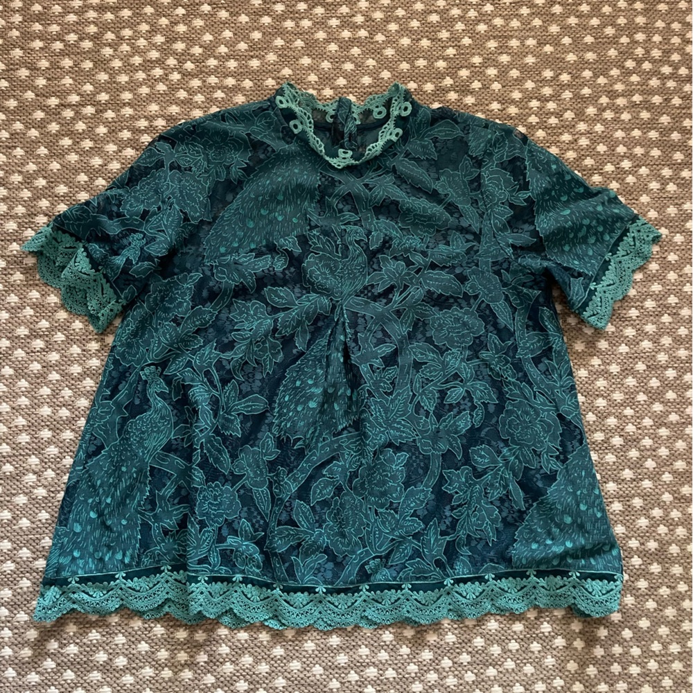 HD in Paris teal lace short sleeve mock neck top size 10